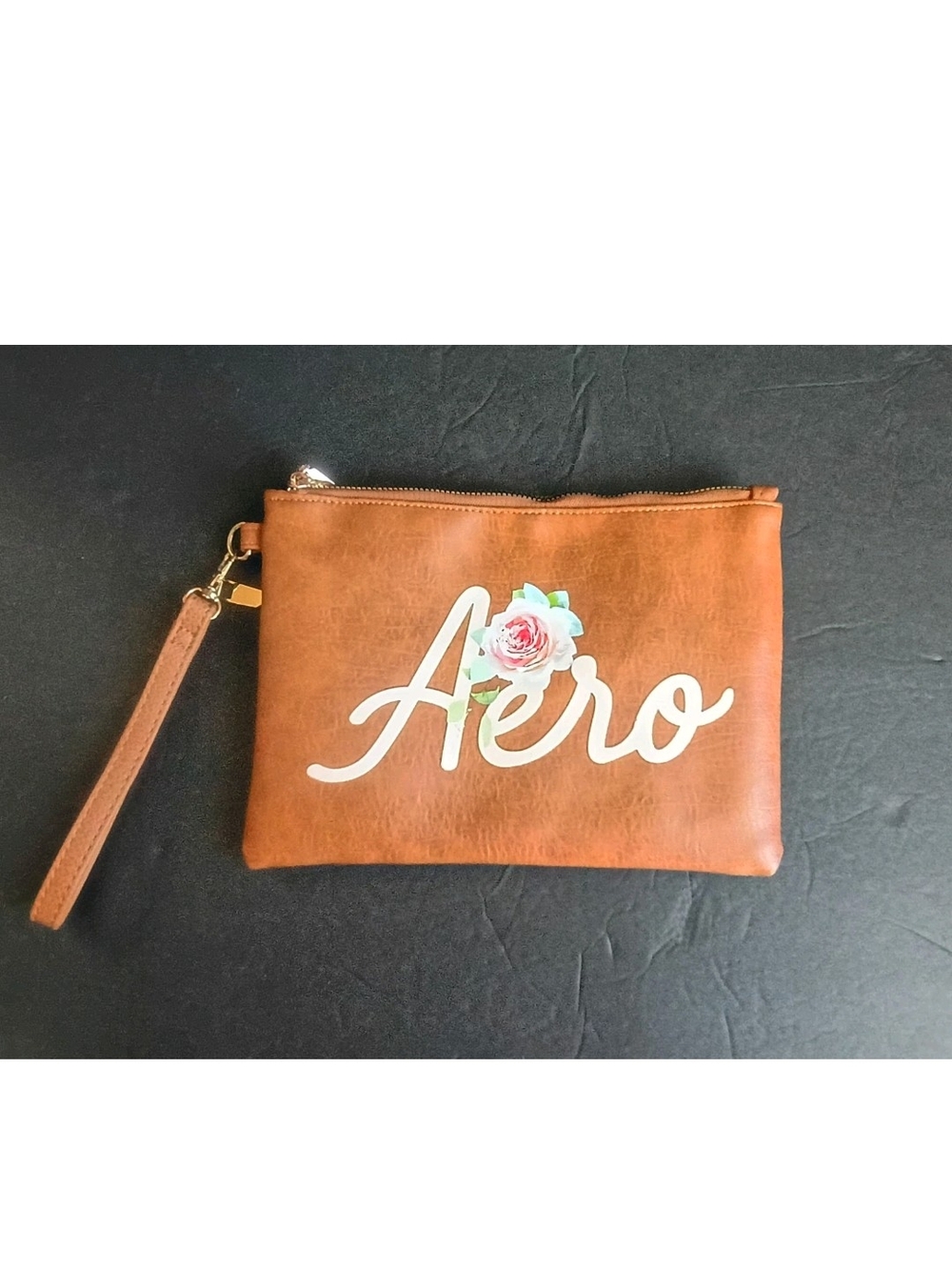 Aero Wristlet 2 Pocket Zip Closure Faux Leather Brown